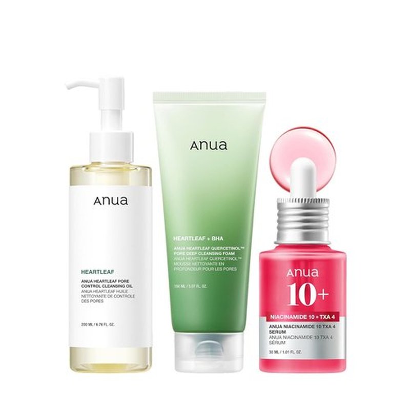 Anua 3-Step Glass Skin Set - Oil Cleanser & Face Wash with Niacinamide Facial Serum | Korean Skincare Routine