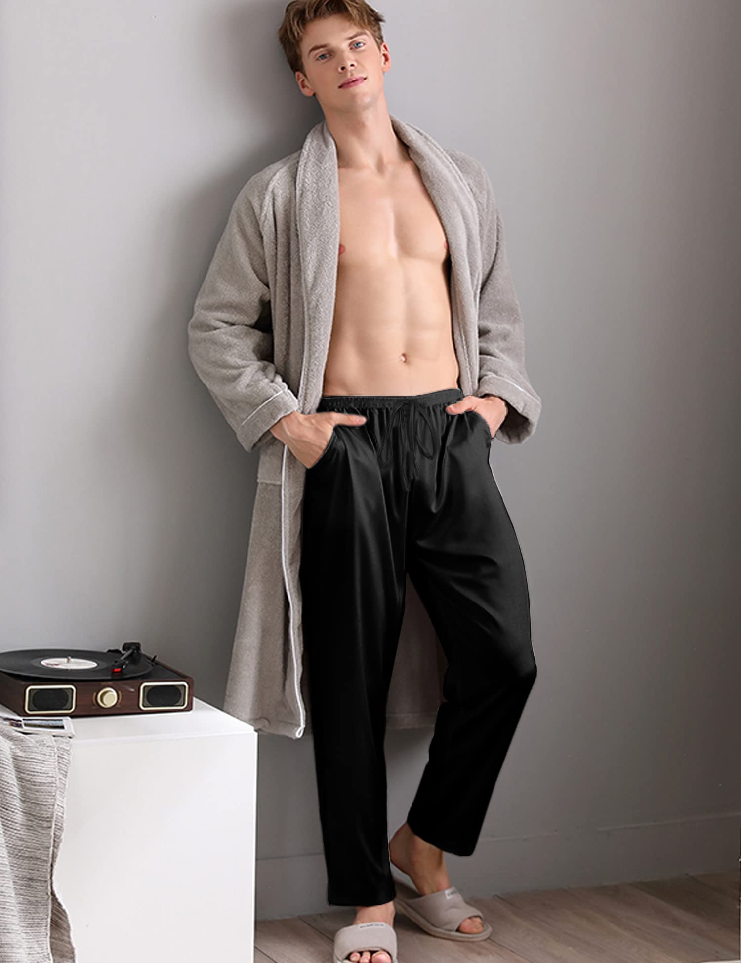 SWOMOG Men's Satin Silky Pajama Pant Long Pj Bottoms Soft Lounge Sleep Pants with Pockets & Drawstring Black X-Large