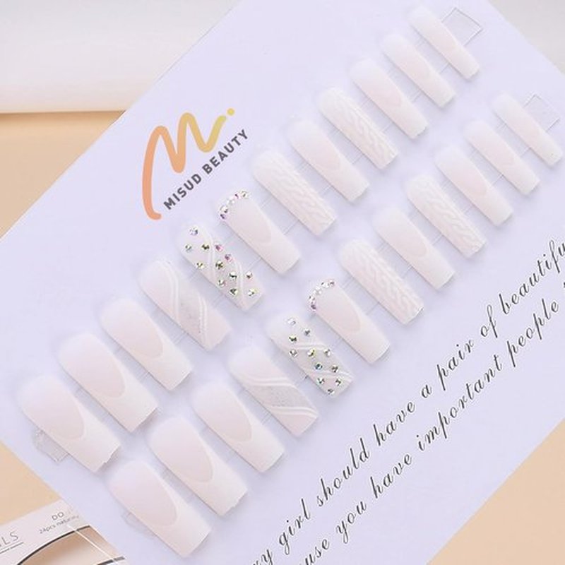 MISUD Press on Nails - Long Square Glue on Nails with White, Acrylic Wedding Bride Design 24 pcs