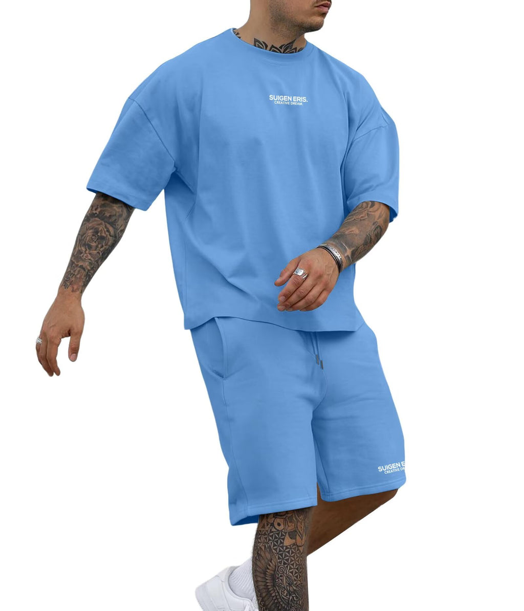 Epoleatries Men's 2 Piece Outfits Letter Drop Shoulder Oversize Tee Shirt Shorts Set Athletic Jogging Summer Tracksuit Light Blue M