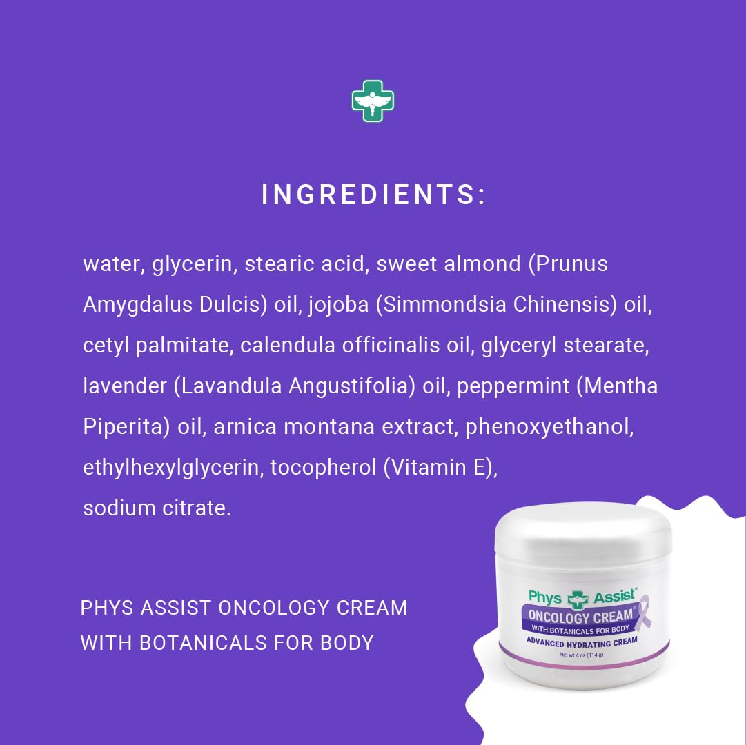 PhysAssist - Oncology Body Cream with Botanicals, 4 oz. Soothing and Hydrating to Stressed Skin. Made with Oils of Lavender, Calendula, and Peppermint. Non-Irritant, Clinically Tested.