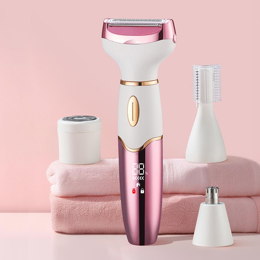 Electric Razors for Women, 4 in 1 Electric Shaver for Women, Wet & Dry Ipx7 Waterproof Bikini Trimmer and Facial Hair Remover, Painless Ladies Body Razors for Nose Eyebrow Arms Armpit Legs Pubic Area