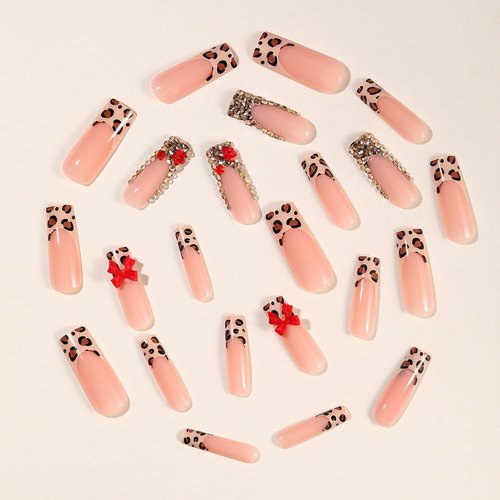 Gold Bling Rhinestones Press on Nails Long Square Fake Nail Leopard Print French Tip False Nails with Red Bow Charms Designs Full Cover Artificial Stick on Nail Acrylic Glue on Nail for Women 24 Pcs