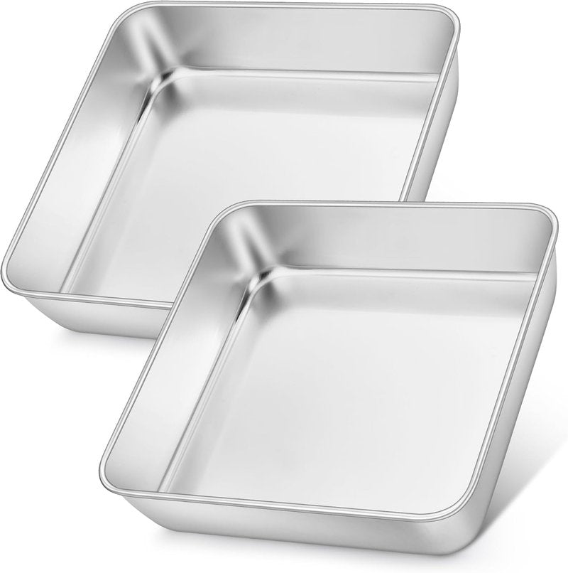 E-far Stainless Steel Square Cake Pans Set of 2 - 8x8 Inch Non-Toxic Bakeware for Lasagna & Brownies