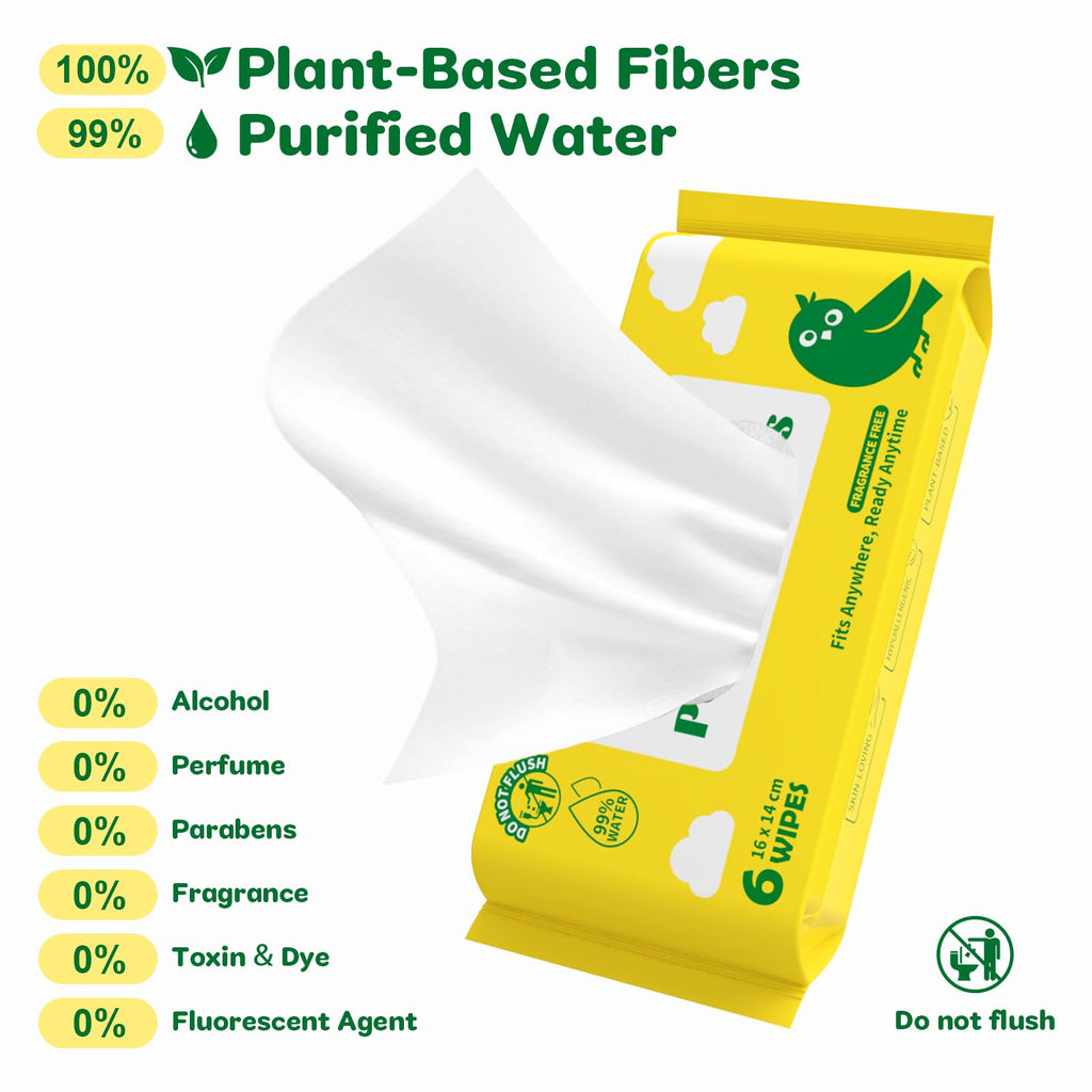 Dorahoney Unscented Travel Wet Wipes, 99% Purified Water Mini Wipes for Sensitive Skin, Hypoallergenic & Plastic-Free Pocket Wipes, 72 Count (12 Packs of 6)