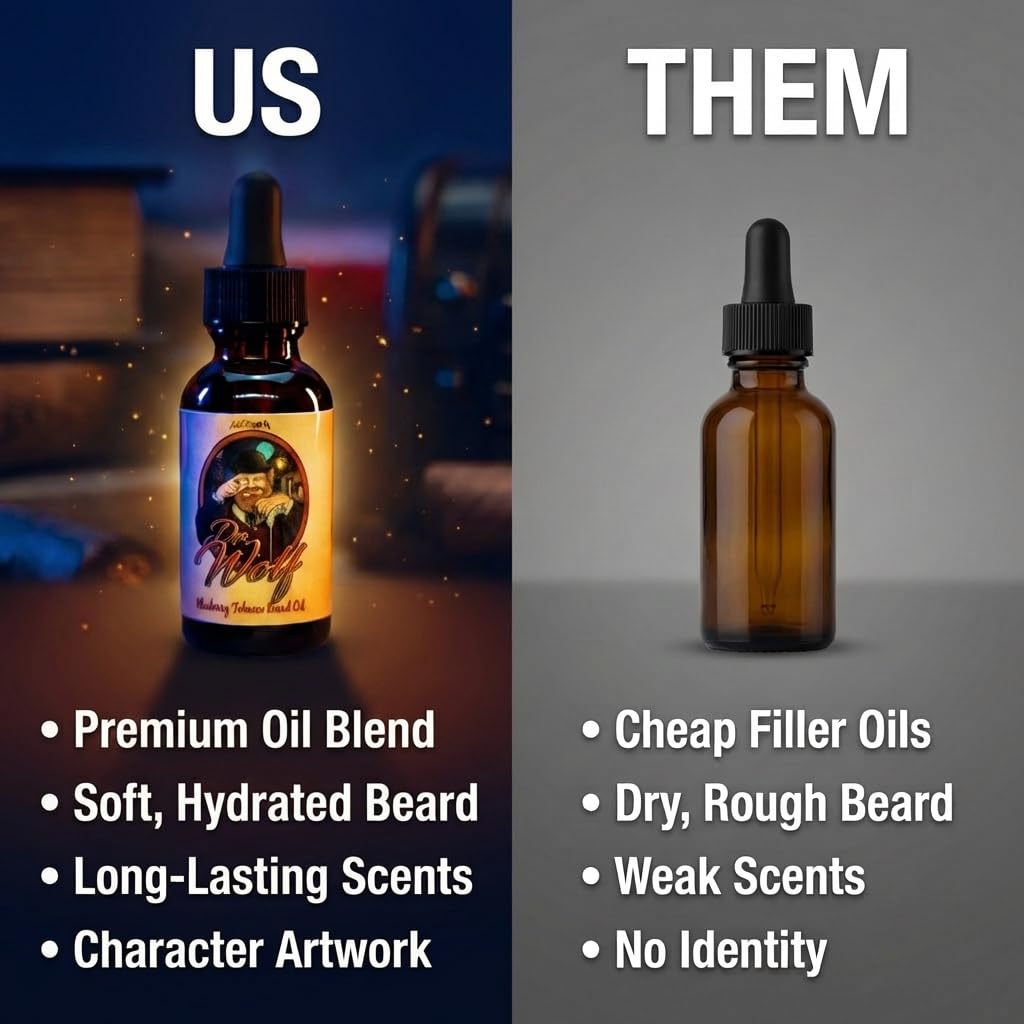 Fable Beard Co. Beard Oil - Dr. Wolf, Fresh Blueberries, Warm Tobacco, & Aged Mahogany, Natural Beard Oil for Men with Jojoba & Argan Oils, Vitamin E, Beard Hair Softener, Made in USA (1 Fl Oz)