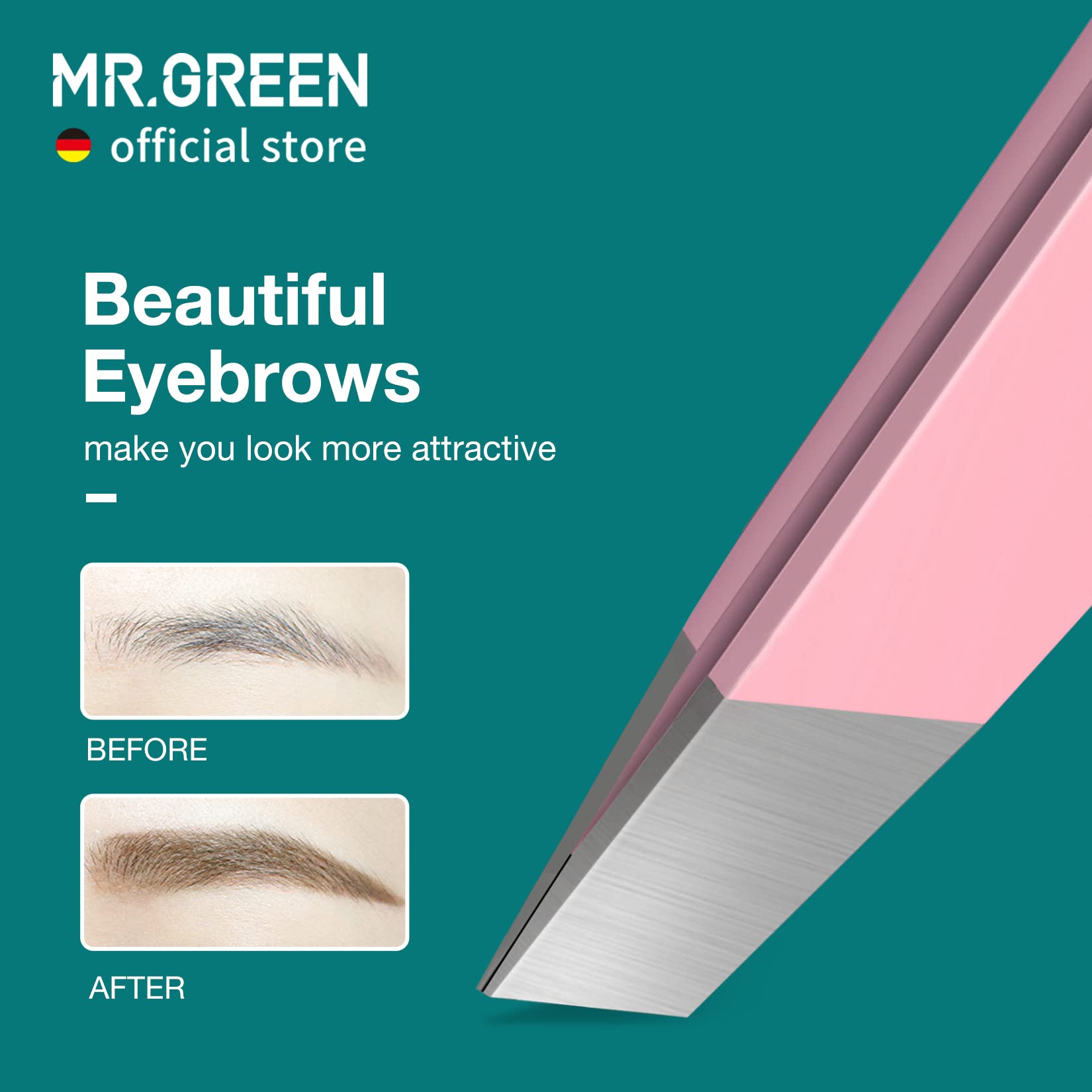 MR.GREEN Eyebrows Tweezers Colorful Beauty Fine Hairs Puller Makeup Tools Stainless Steel Slanted Eye Brow Clips Removal (Pink)