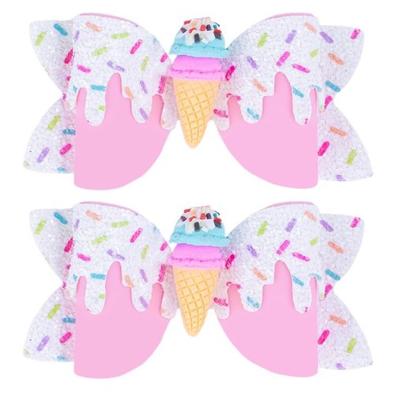 Ice Cream Hair Bow Clips, 3.4 Inch Sparkly Confetti Sprinkle Birthday Hair Bows Full Lined Metal Alligator Clips Boutique Bow-knot Hair Accessories for Girls Toddlers Kids Teens - Pink & White