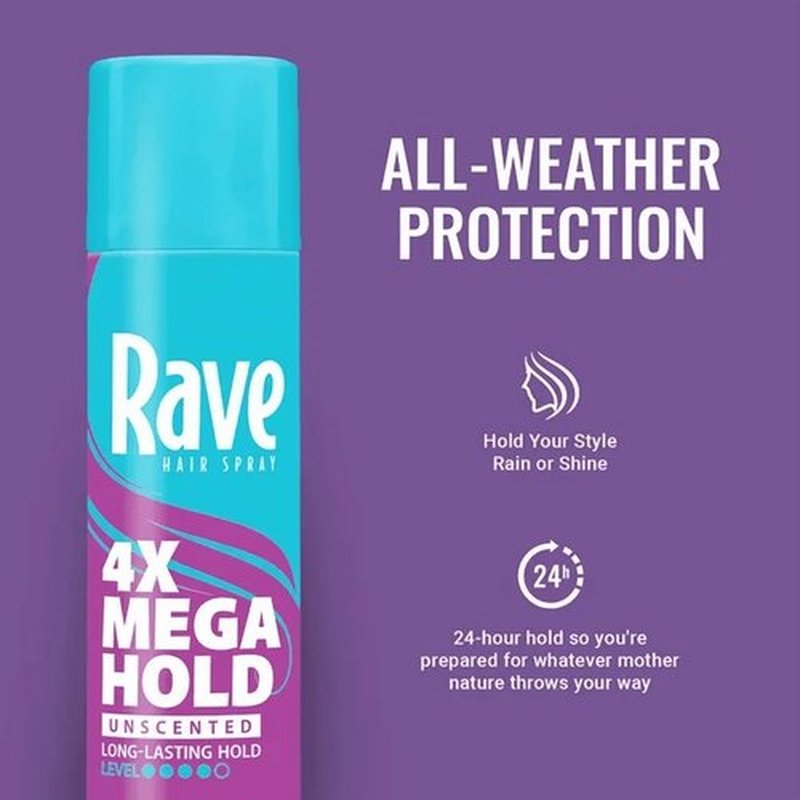Rave 4X Mega Unscented Hairspray - 24-Hour Humidity-Resistant Hold - Vitamin-Enhanced Volume - 2 Pack