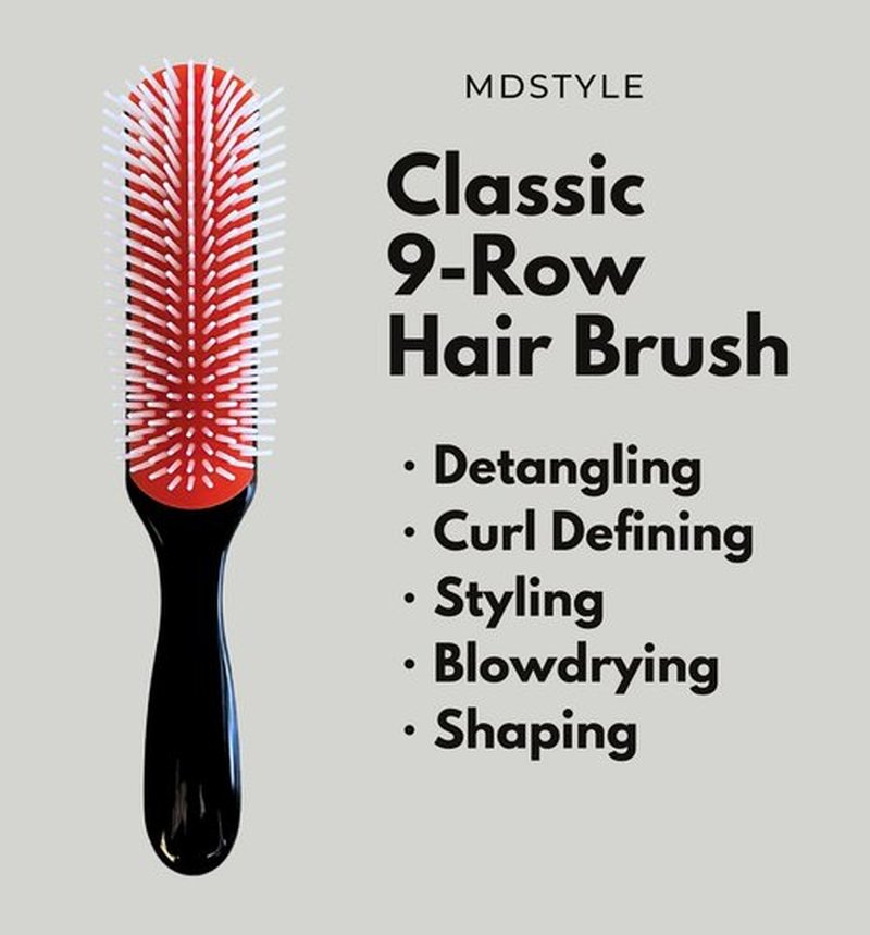 MDSTYLE Hair Brush - Curl Defining Detangler for Thick, Wavy & Coily Hair - 9 Row Design (Black, Small)