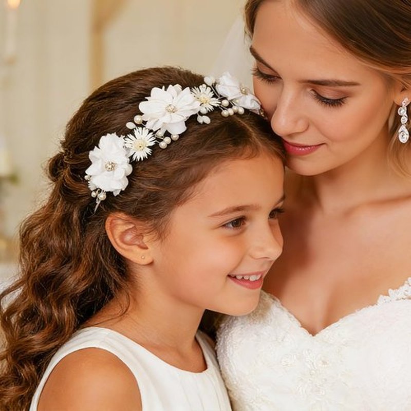 Campsis Flower Girl Headpiece, Pearl Floral Headband, White Communion Hair Accessory for Bridal
