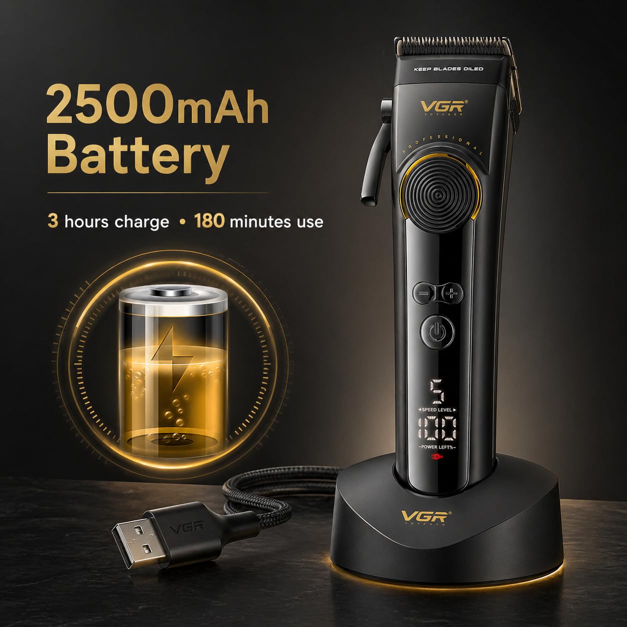 VGR 199 Professional Cordless Hair Clippers for Men, 5-Speed Mens Hair Clippers with LED Display, Rechargeable Clipper with Charging Base & 6 Guide Combs–Home Barber Kit, Black