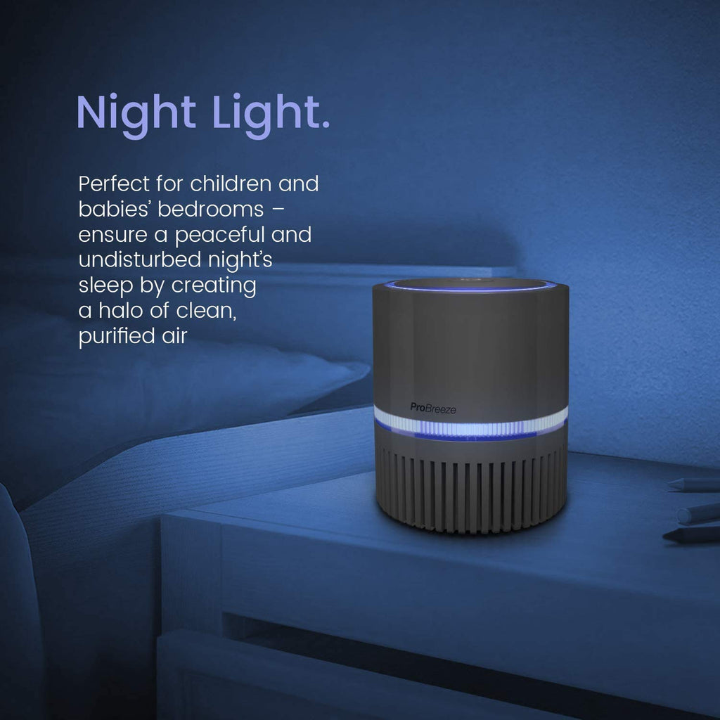 Pro Breeze 3-in-1 Mini Air Purifier with True HEPA Filter and Ioniser, Personal Desktop Air Cleaner with Night Light for Home, Office, Smoke, Dust, Pollen and Pet Dander