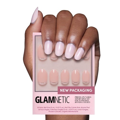 Glamnetic Press On Nails - Silver Belle | Short Round Natural Base with 3D Silver Foil | 30 Nail Kit with Glue, 12 Sizes