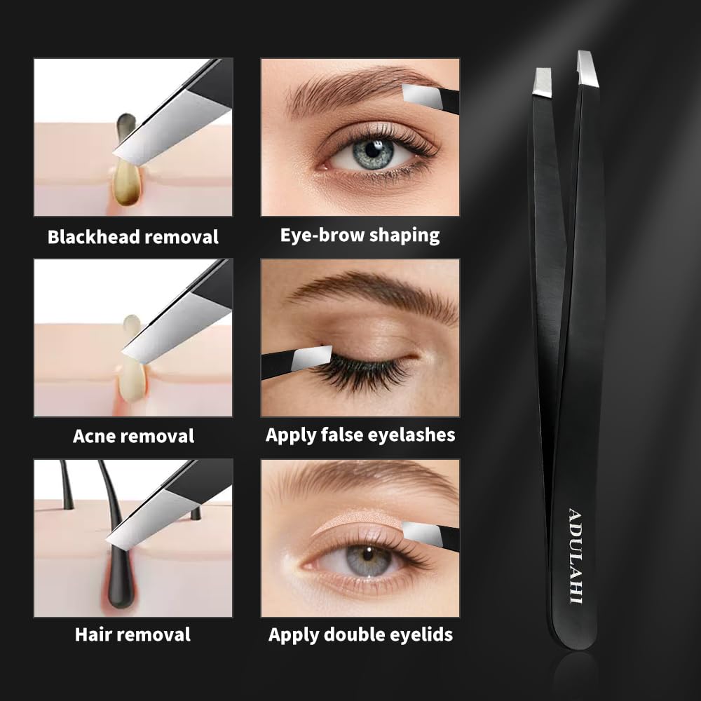 ADULAHI Professional Slant Tweezers for Eyebrows & Facial Hair - Precise Aligned Carbon Stainless Steel Remover with Storage Case(Black)