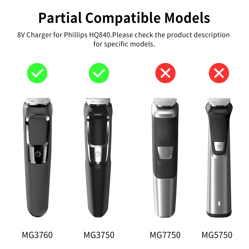 8V Shaver Charger Compatible with Philips Norelco HQ840, Supply Charging Cord for Philips HQ840 Norelco Multigroom Series 3000 MG3750 MG3750/50 MG3750/10 MG3750/60 MG3760 MG3760/50
