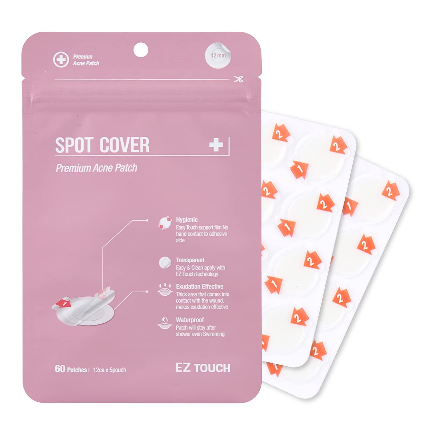 Touch-free Hydrocolloid Acne Pimple Patch(60 count, 12mm, Fast0Healing) | Last 48 hr | Patented Korean Spot Cover by EZ touch
