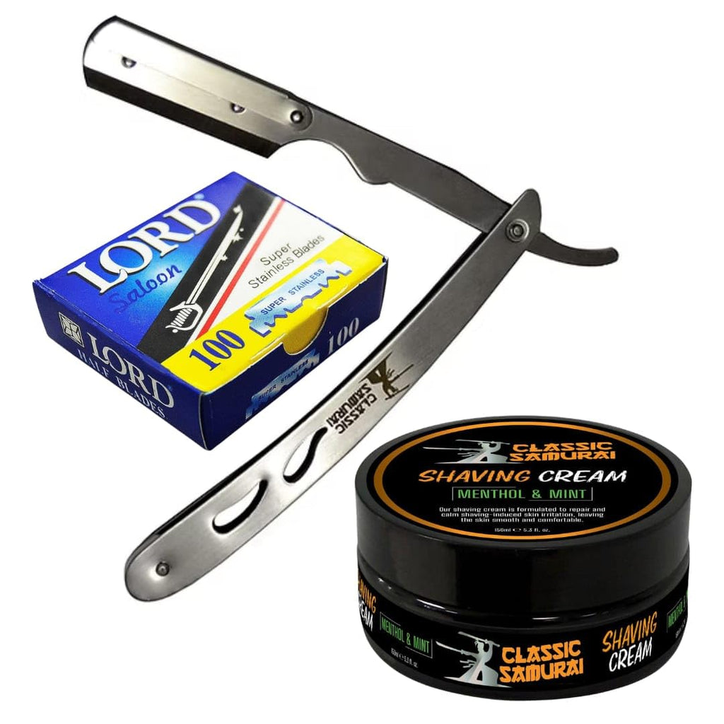 Classic Samurai CS-102 Stainless Steel Professional Barber Straight Edge Razor with 100 Count Single Edge Razor Blades and Strong Menthol Shaving Cream 150ml Set