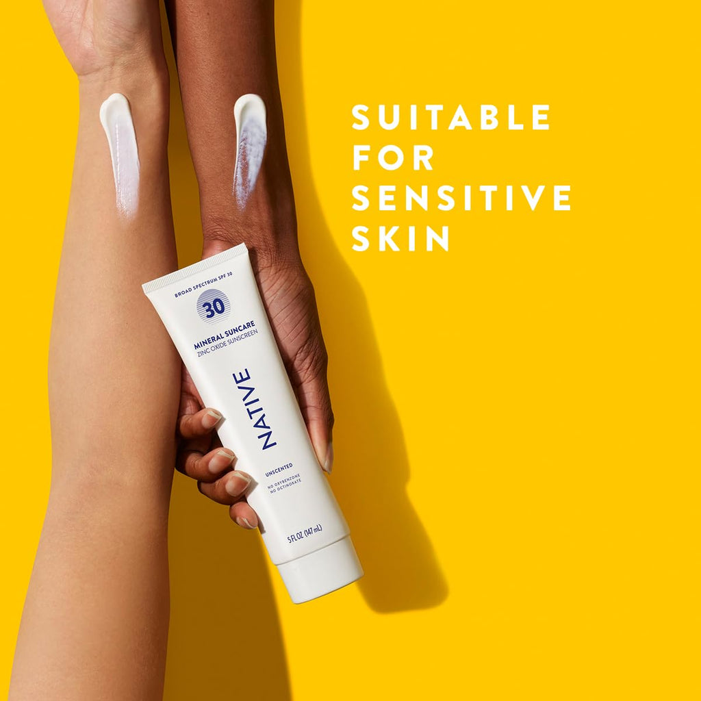 Native Sunscreen SPF 30, Zinc Oxide Dermatologist Tested Suitable for Sensitive Skin & Hawaii Compliant, 5 Ounces | Unscented Sun Protection Lotion, Lightweight & Smooth