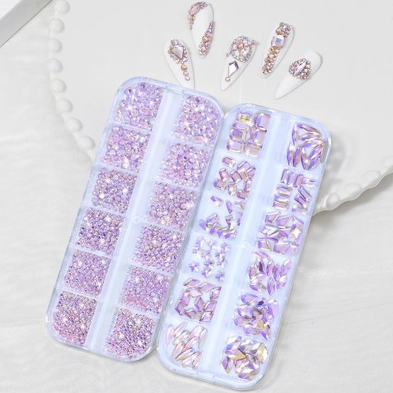 Nail Rhinestones - 3D Multi Shape Size, Crystal, Manicure Rhinestones Charms, Light Pink AB Nail Gems, Flat Back, with Kit, for Nail Art, DIY Decorations