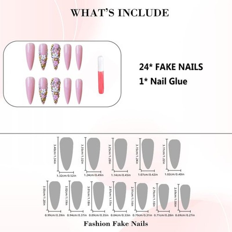 IMRAIN Long Press on Nails Stiletto Pink Fake Nails Rhinestone & Flower Designs Glossy Glue on Acrylic Nails Full Cover Luxury Bling Handmade Stick on False Nails for Women 24Pcs