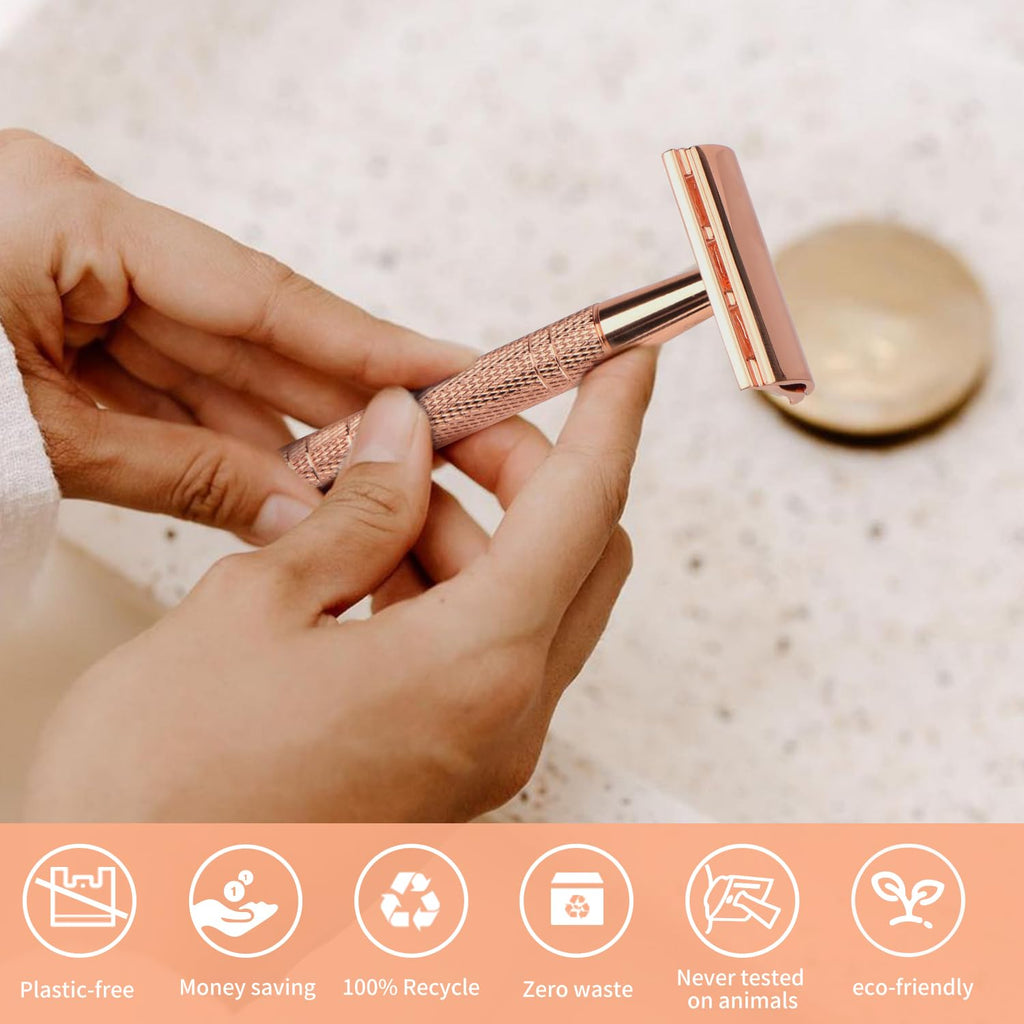 Double Edge Safety Razor with Stand, Reusable Metal Single Blade Razors for Men and Women, with 10 Platinum Coated Double Edge Safety Razor Blades, Women's Safety Shaving Razors, Rose Gold