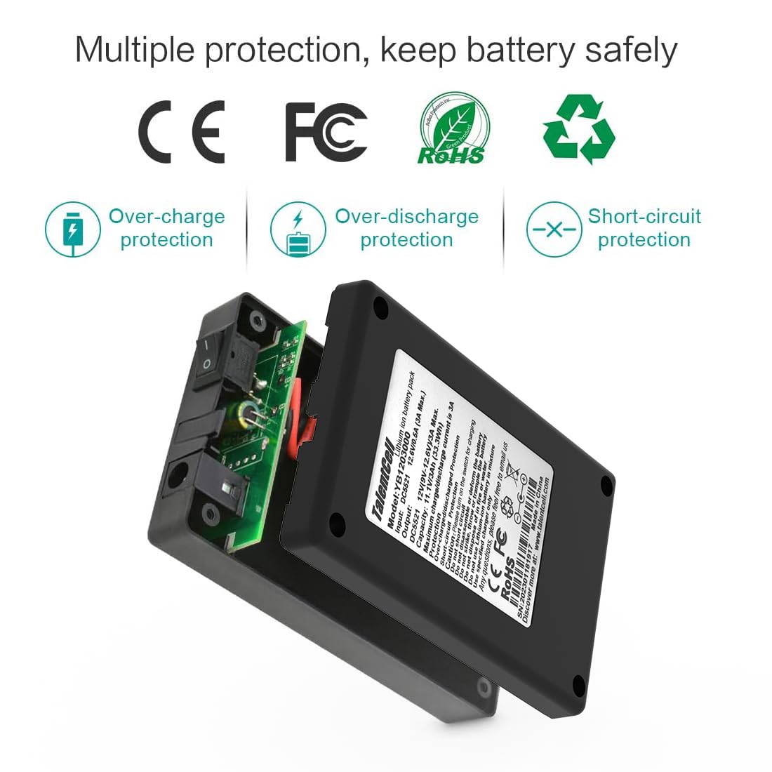 TalentCell 12V Power Bank, Rechargeable 12V 3000mAh DC Output Lithium ion Battery Pack with Charger for LED Strip/Light/Panel/Amplifier and CCTV Camera, Compatible with Spectra Pump/Telescope