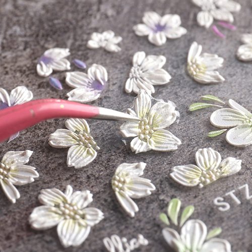 Flower Nail Art Stickers Decals 5D Stereoscopic Embossed Flowers Nail Stickers Spring Self-Adhesive Nail Art Supplies White Floral Acrylic Engraved Decals Sliders for Summer Nail Art Decorations, 3PCS