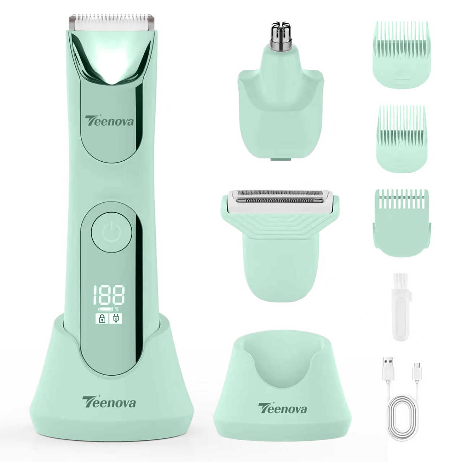 TEENOVA Electric Body Hair Trimmer Shaver, Pubic Trimmer for Men, Bikini Trimmer for Women (Green)