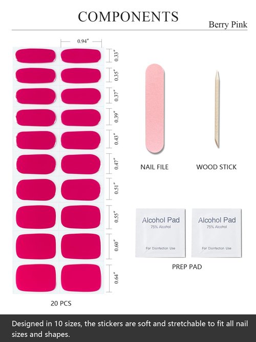 AutyaMee Semi Cured Gel Nail Strips (Berry Pink), 20 Pcs Gel Nail Wraps, Stickers, UV Light Required, Salon Quality, Long Lasting