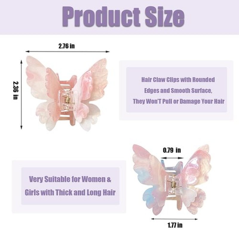 Fantasy Gradient Color Double Layered Butterfly Hair Clips, Medium Acrylic Claw Clips for Thick Thin Hair, Non-Slip Butterfly Jaw Clips, Beautiful Hair Accessories for Girls and Women (Dreamy Double)