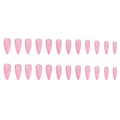 Gentle Claws Press On Nails - Pink Glitter| Bright Pink Glitter Velvet Nails, Medium Almond Shaped Press On Nails with Cat Eye Design for Women and Girls, 24 Pcs Reusable Fake Nails