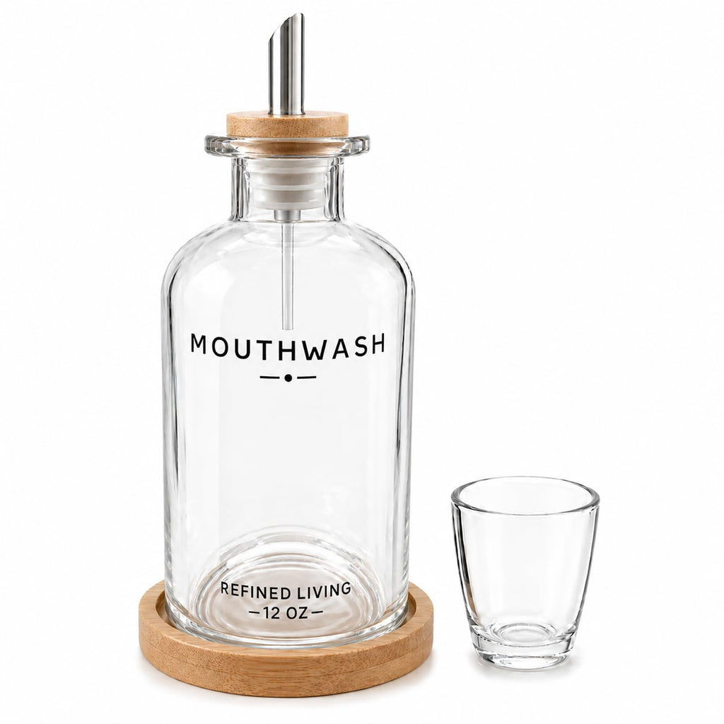 Mouthwash Dispenser for Bathroom, 12 OZ Refillable Glass Mouthwash Bottle with Cup and Bamboo Tray, Decorative Mouth Wash Dispenser Set for Bathroom