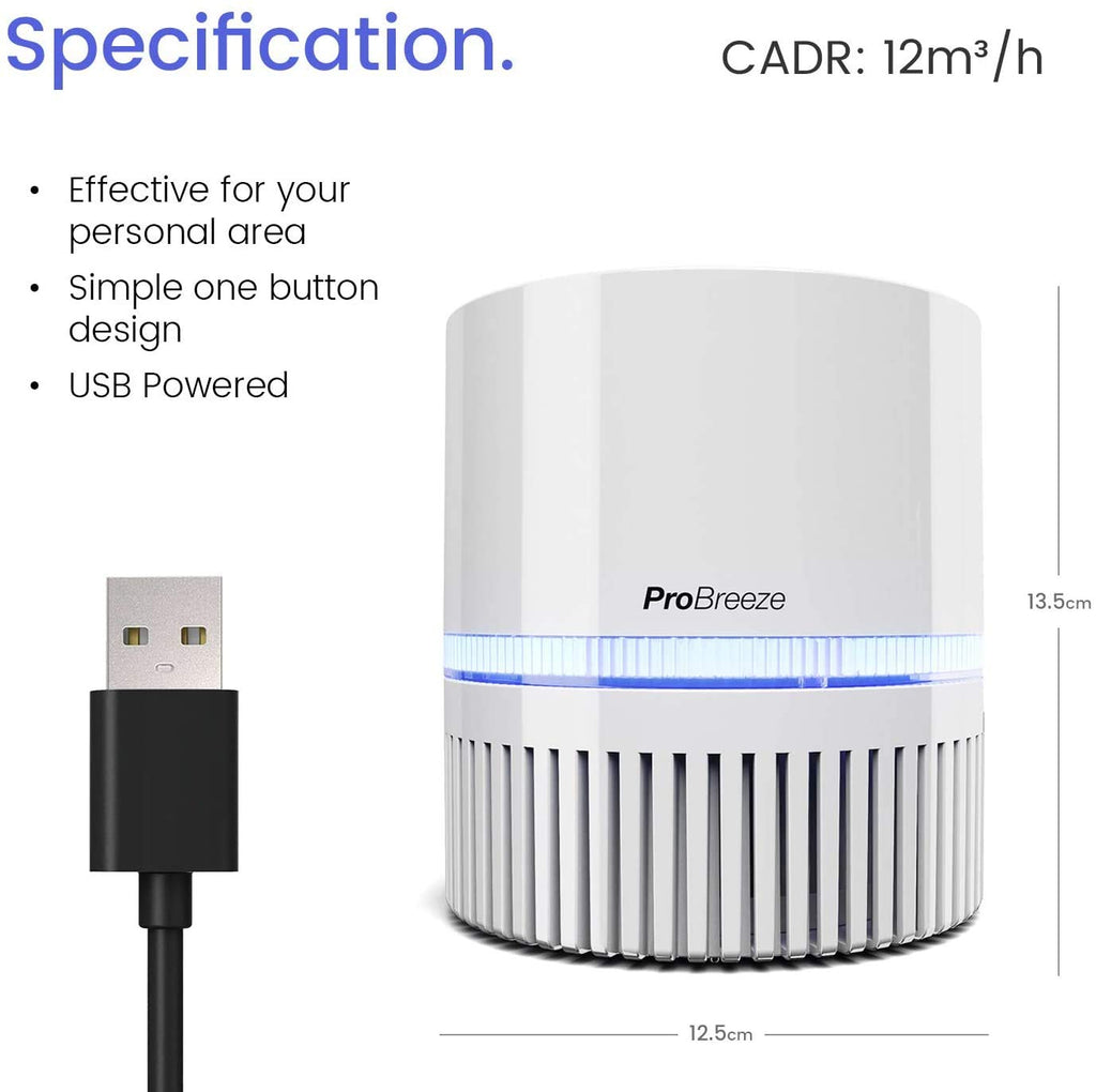 Pro Breeze 3-in-1 Mini Air Purifier with True HEPA Filter and Ioniser, Personal Desktop Air Cleaner with Night Light for Home, Office, Smoke, Dust, Pollen and Pet Dander