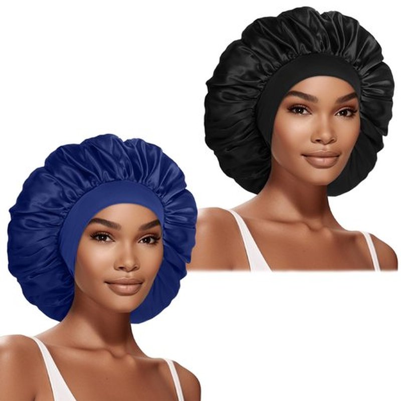 2 Pcs Extra Large Satin Hair Bonnet for Sleeping Cap 17 inches Jumbo Silk Sleep Bonnet for Women (Black & Blue)