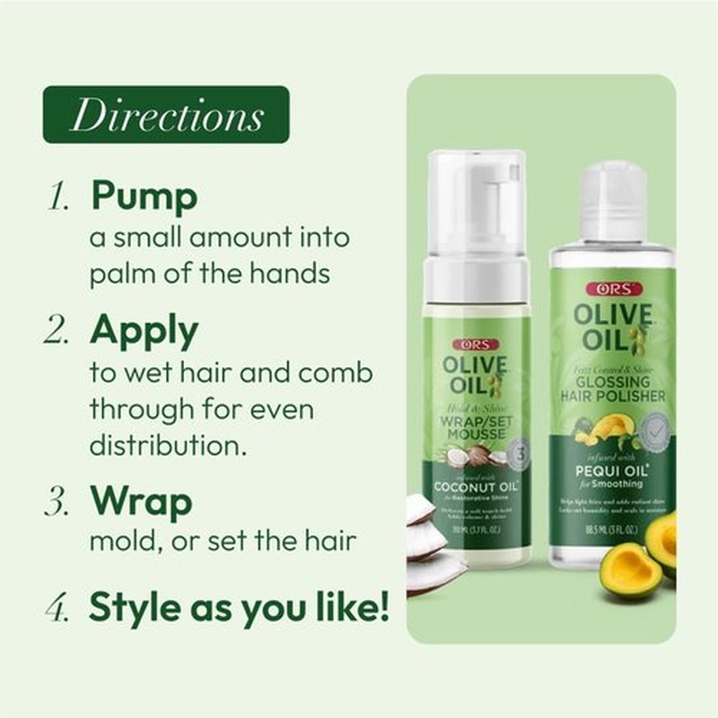 ORS Olive Oil Glossing Hair Polisher Frizz Control & Wrap Set Mousse Restorative Shine 2 Piece Set