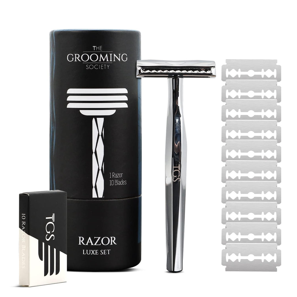 The Grooming Society Double Edge Safety Razor, Classic for Men and Women, Reusable Safety Razor, Metal Long Handle Safety Razor, 10 Blade Refill