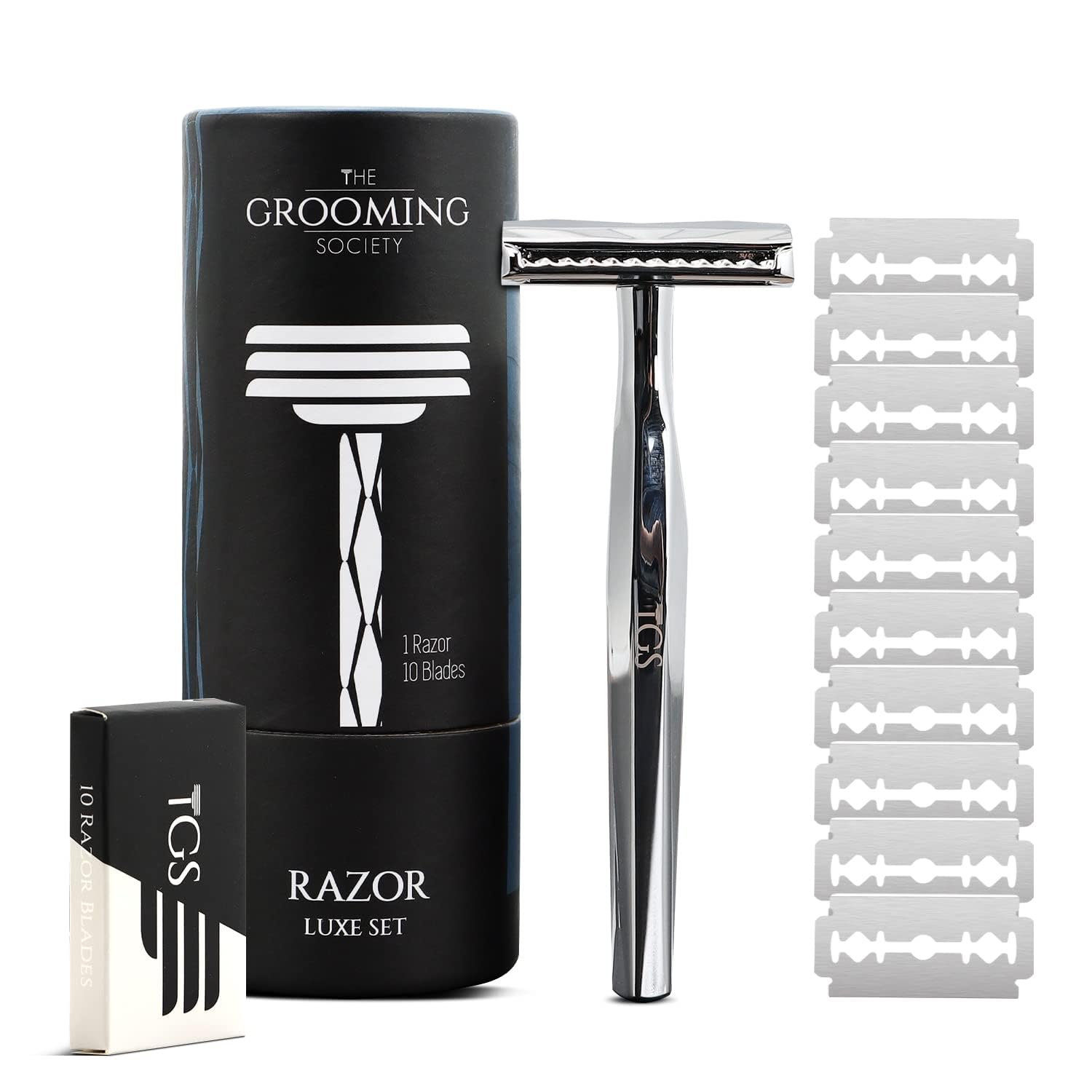 The Grooming Society Double Edge Safety Razor, Classic for Men and Women, Reusable Safety Razor, Metal Long Handle Safety Razor, 10 Blade Refill