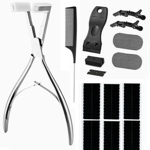 Tape in Hair Extension Tools Kit, Professional Flat Surface Stainless Steel Tape in Hair Extensions Sealing Clamp Plier,Tape Remover Scraper Tool,Hair Clips, Hair Extensions Styling Tools(Silvery Set)