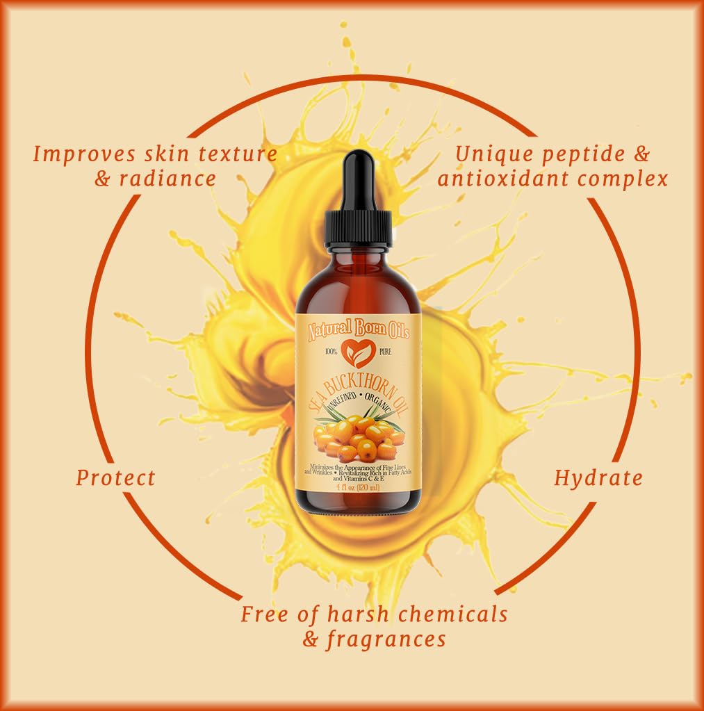 Natural Born Oils 4oz Sea Buckthorn Oil, 100% Pure and Natural, Organic, Cold-pressed, Unrefined, Revitalizing, Includes Pump & Dropper