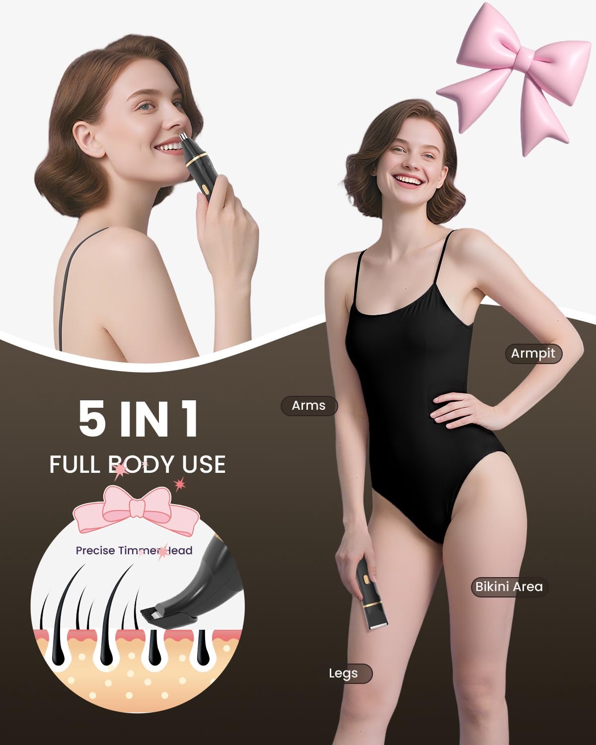 Bikini Trimmer for Women - 5 in 1 Electric Razors for Ladys Pubic Facial Nose Body Leg Hair Removal, Waterproof Electric Shaver for Women Private Area Sensitive Skin, Personal Hair Trimmer-Black