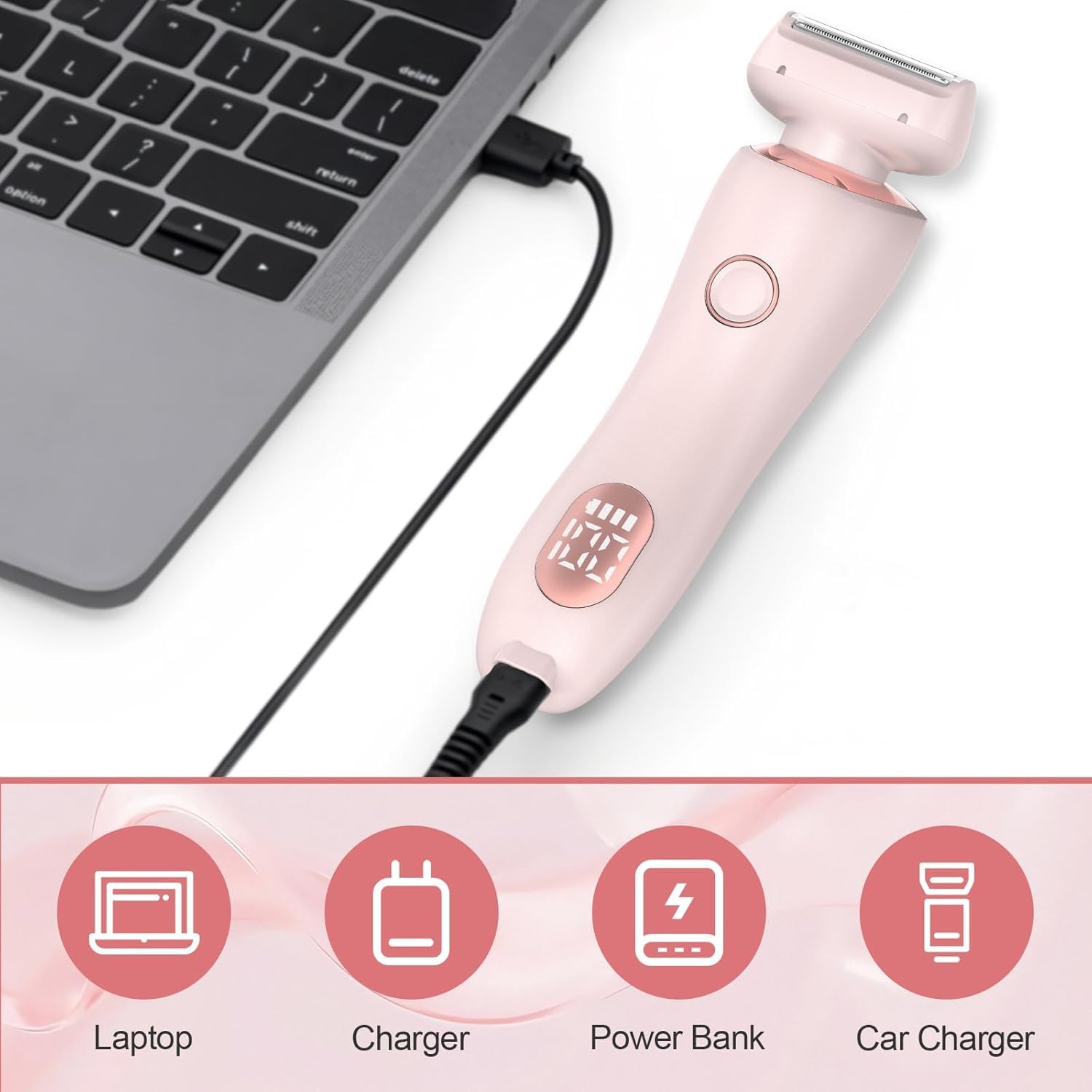 Electric Shaver for Women, Bikini Trimmer for Women, 2 in 1 Wet & Dry Painless Hair Removal with 2 Removable Heads for Bikini, Leg, Arm, Underarm, IPX7 Waterproof Rechargeable Design (Pink)