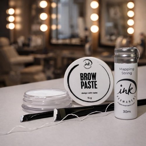 Skiennix Brow Mapping Kit - White Brow Paste (15g) & String (30m) with 2 Eyebrow Brushes for Microblading