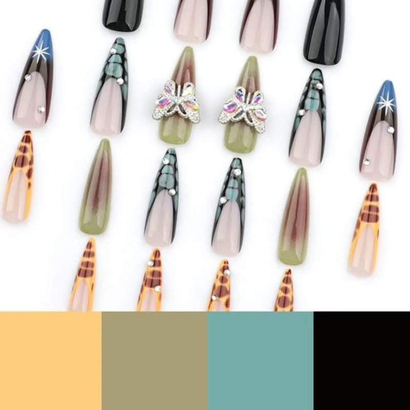 Long Press on Nails French Tip Fake Nails Stiletto False Nails Ombre with Rhinestone Butterfly Design Glue on Nails Glossy Acrylic Artificial Nail for Women 24 Pcs