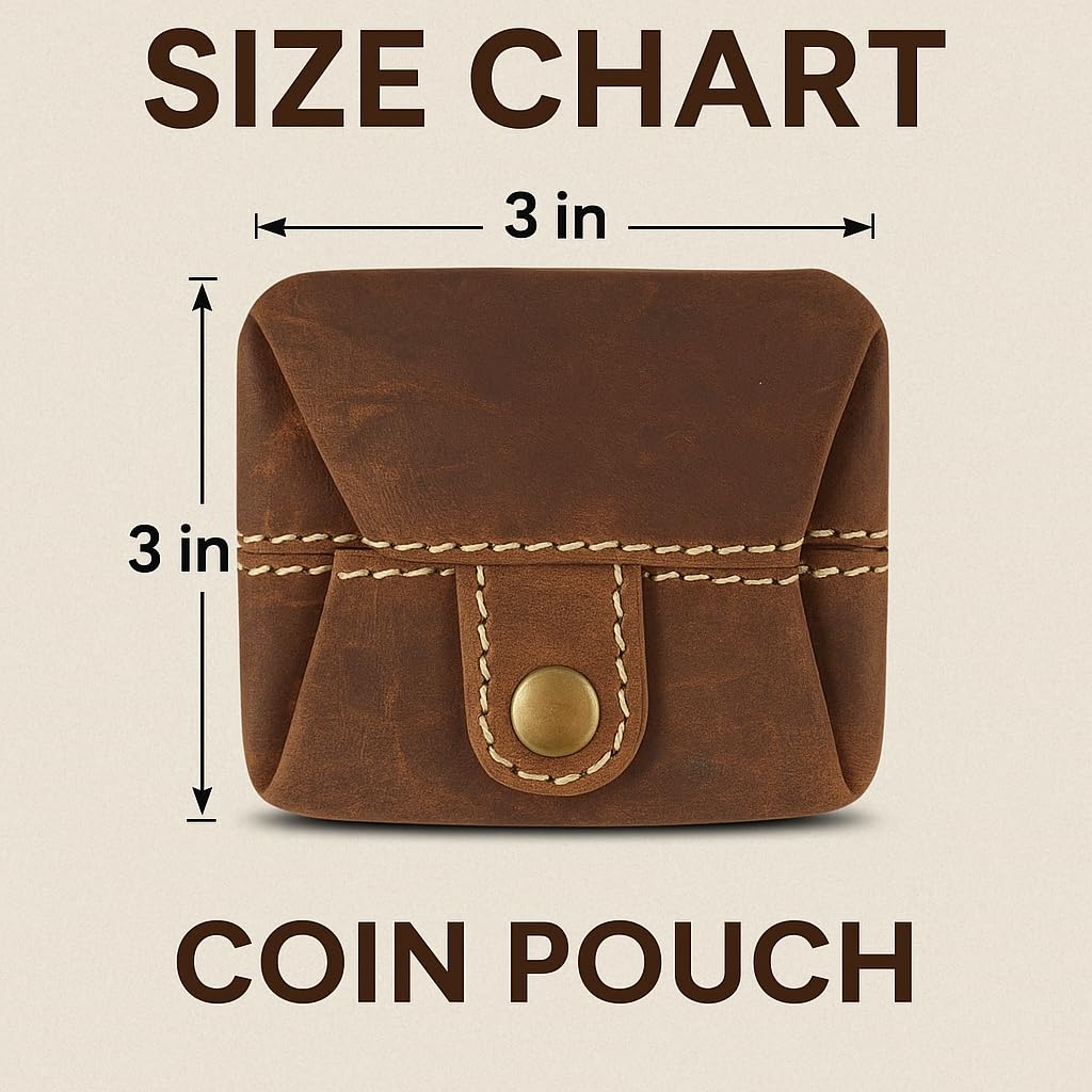 CestAntiQ Leather Coin Pouch | Handmade Full Grain Brown Coin Purse for Men & Women | 3x3 in Vintage Change Holder | Compact Mini Wallet with Snap | Rustic EDC Pocket Ring Pouch Gift for Christmas