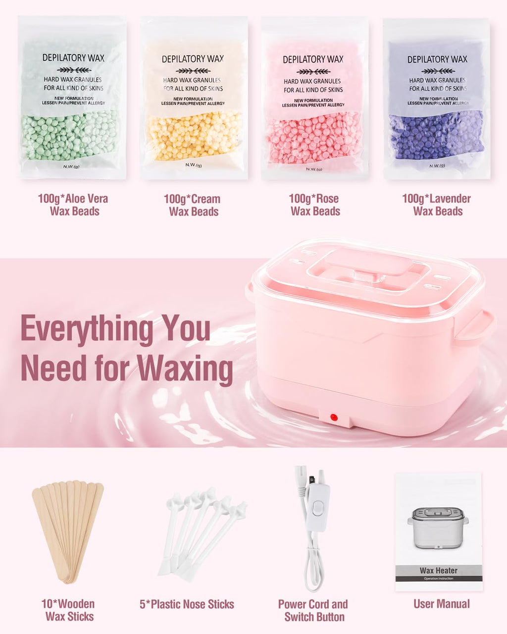 Waxing Kit, Silicone Wax Warmer with 4 Packs Hard Wax Beads, Protable Hot Wax Machine Pot for Full Body, Face, Eyebrows, Legs, Bikini, At Home Hair Removal Kit with 15 Accessories for Women Men, Pink