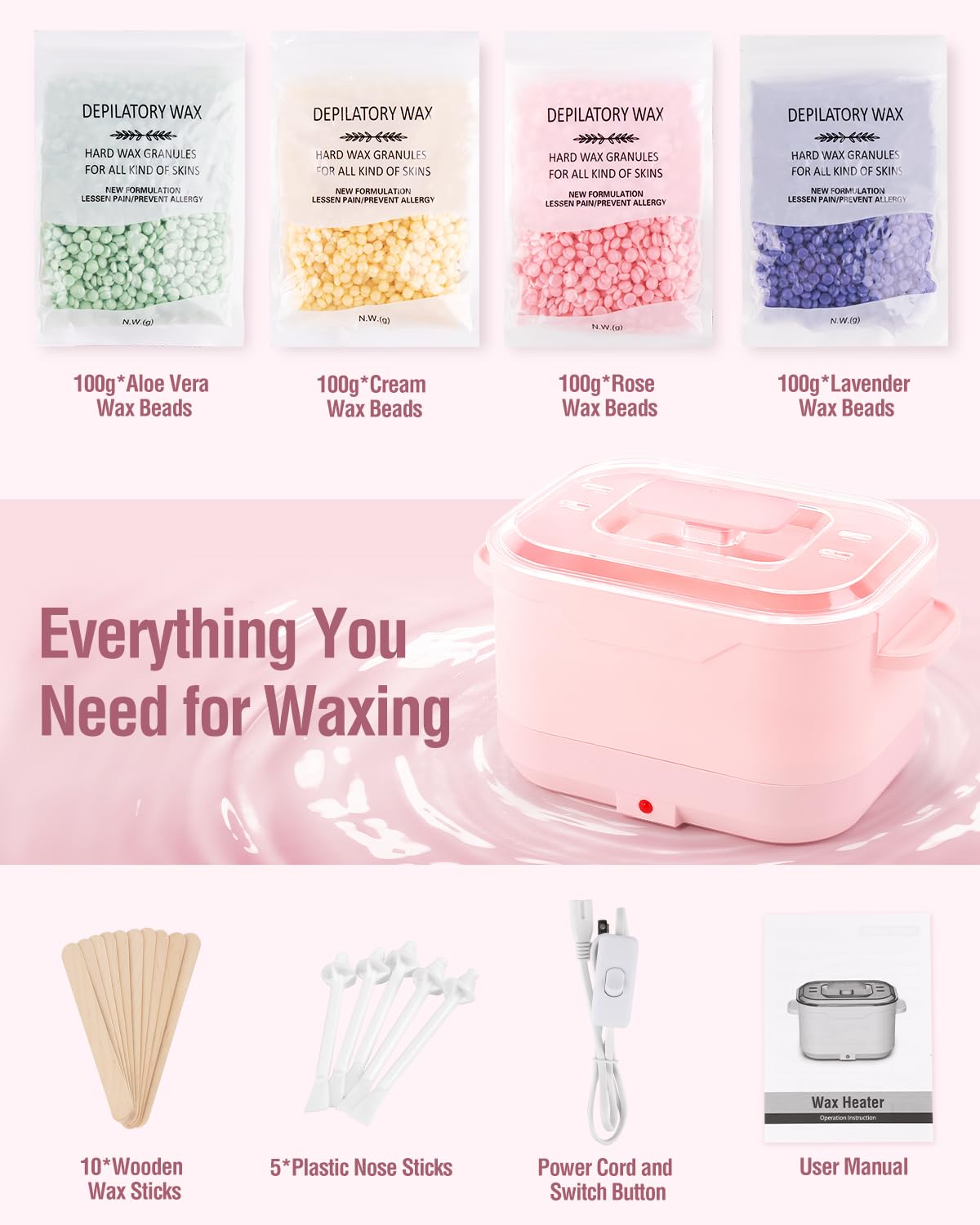 Waxing Kit, Silicone Wax Warmer with 4 Packs Hard Wax Beads, Protable Hot Wax Machine Pot for Full Body, Face, Eyebrows, Legs, Bikini, At Home Hair Removal Kit with 15 Accessories for Women Men, Pink