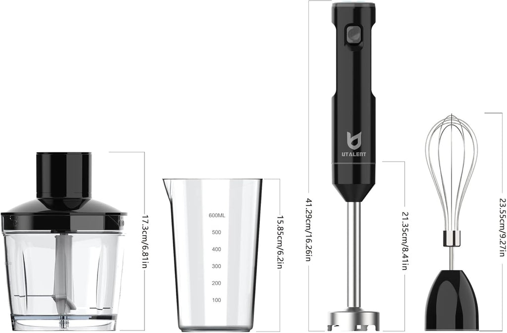 UTALENT Cordless Hand Blender - Variable Speed Immersion Blender with 500ml Chopper & 600ml Container - Black