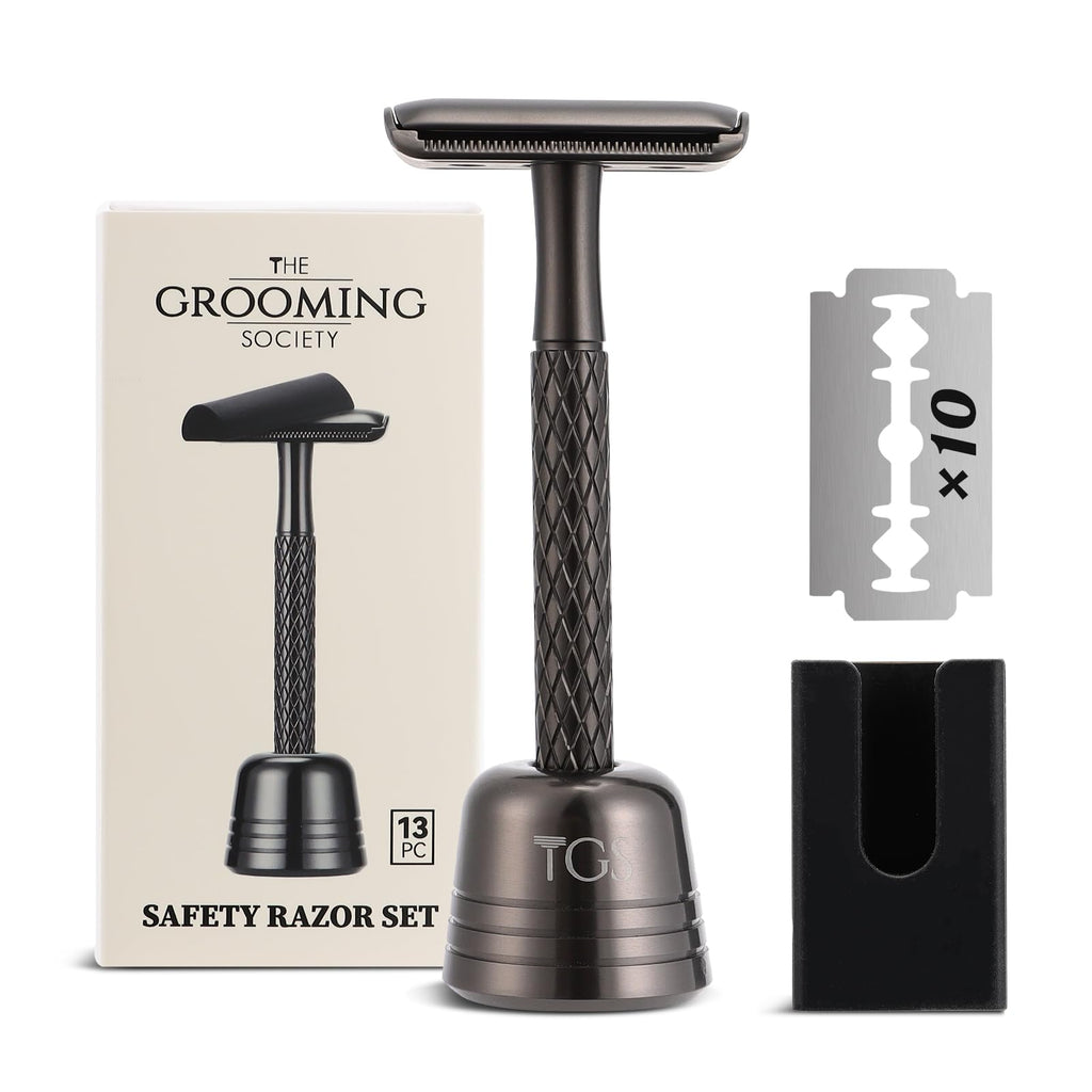 THE GROOMING SOCIETY Double Edge Safety Razor for Men with Stand and Silicone Cover - Durable Metal Eco-Friendly Single Blade Safety Razor with 10 Blades - Closed Smooth Shave Matte Black