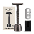 THE GROOMING SOCIETY Double Edge Safety Razor for Men with Stand and Silicone Cover - Durable Metal Eco-Friendly Single Blade Safety Razor with 10 Blades - Closed Smooth Shave Matte Black
